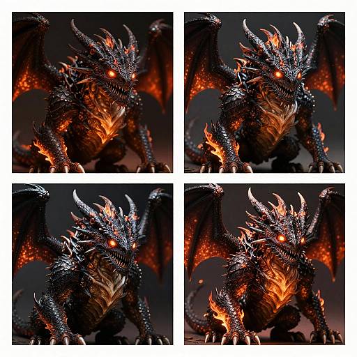 Digital artwork of a fierce, black-scaled dragon with glowing red eyes, orange glowing chest, and translucent, fiery wings, shown in four dynamic close