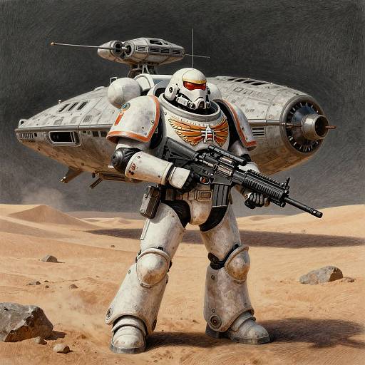 Photorealistic digital artwork of a white-armored stormtrooper with red visor, holding a rifle, standing in a desert with an X-wing