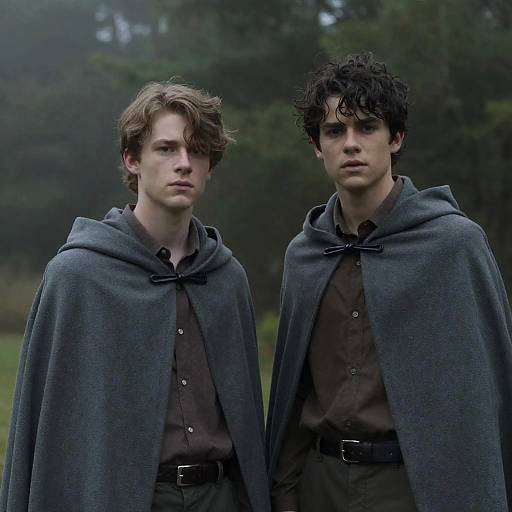 Young Men in Cloaks in Misty Forest