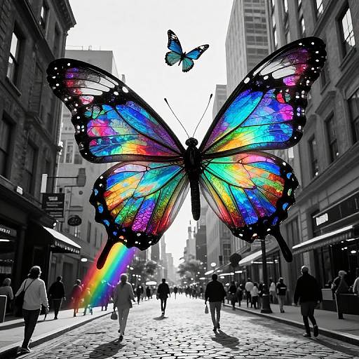 Iridescent Butterflies Over Cityscape