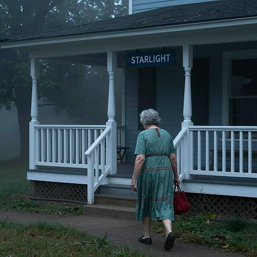 Misty Evening Walk of an Elderly Woman