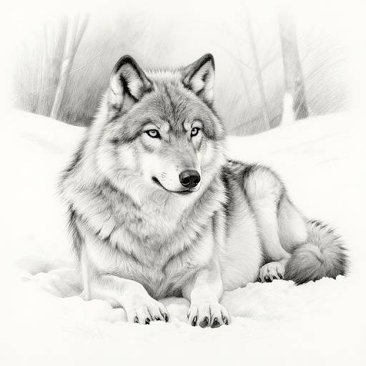 Black-and-white digital drawing of a confident, lying wolf with detailed fur texture, sharp eyes, and alert ears, set against a softly blurred background.