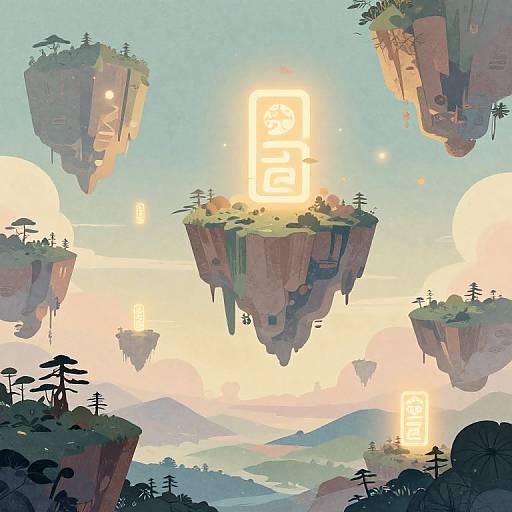 Surreal Floating Islands with Mystical Symbols