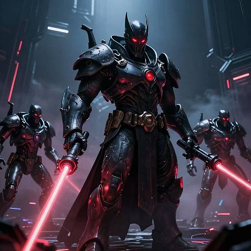 Digital artwork of four black armored, red-eyed stormtrooper-like warriors wielding red lightsabers, standing in a foggy, futuristic cityscape.
