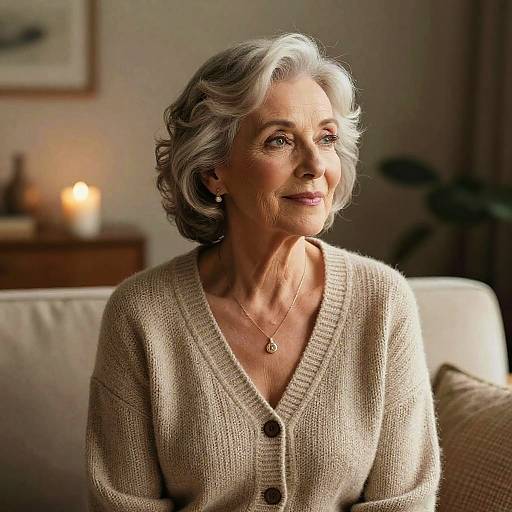 Photograph of an elderly woman with short, wavy gray hair, wearing a beige knit cardigan, seated on a sofa, looking thoughtfully to