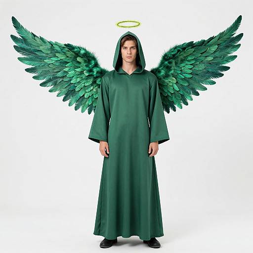 Photograph of a man in a green hooded robe with glowing halo and large green feathered wings, standing against a white background.