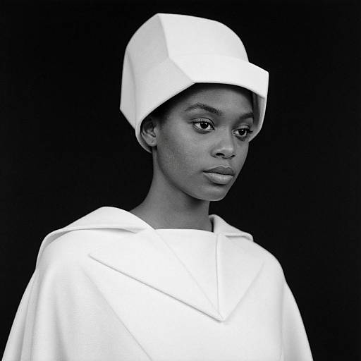 Black-and-white photograph of a young Black woman with dark skin, wearing a white hooded garment and a white, angular bucket hat, against a solid