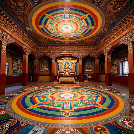 Vibrant, ornate temple room with colorful, circular mandala floor patterns and ceiling, featuring intricate religious murals and a central altar. Phot