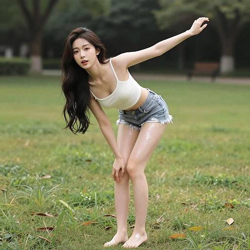 Photograph of an Asian woman with long black hair, wearing a white crop top and denim shorts, bending forward in a grassy park. Background shows