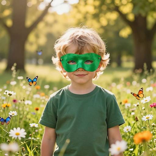 Photograph of a smiling young boy with curly blonde hair, wearing a green masquerade mask, green t-shirt, standing in a sunlit me