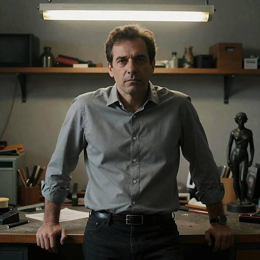 Serious man at workbench