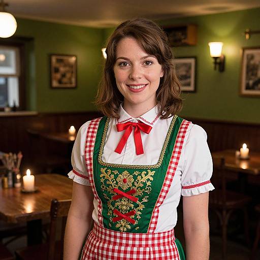 Photograph of a smiling woman with brown hair, wearing a green and red German dirndl with embroidered detail, in a warmly lit, vintage-style restaurant