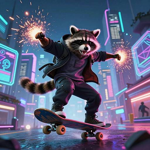 Futuristic Hacker Raccoon Skateboarding