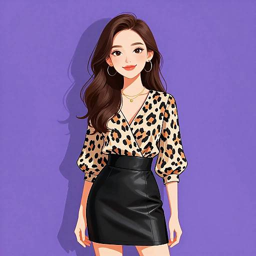 Digital anime-style drawing of a smiling woman with long brown hair, wearing a leopard print blouse and black leather skirt, against a purple background.