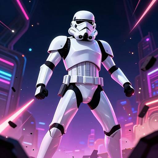 Digital CGI image of a white Stormtrooper standing heroically in a neon-lit, futuristic cityscape, with pink and blue laser beams in the