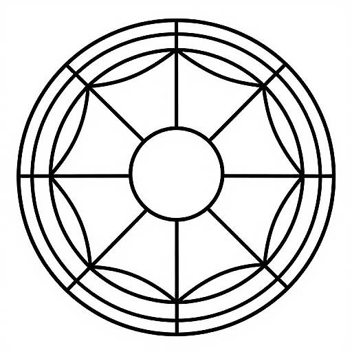 Black and white geometric circular pattern with intersecting lines, a central circle, and outer ring, creating a symmetrical, abstract design.