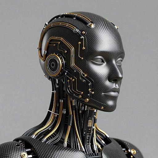 Photorealistic CGI of a sleek, black, futuristic humanoid robot head with gold circuitry and textured surface, set against a gray background.