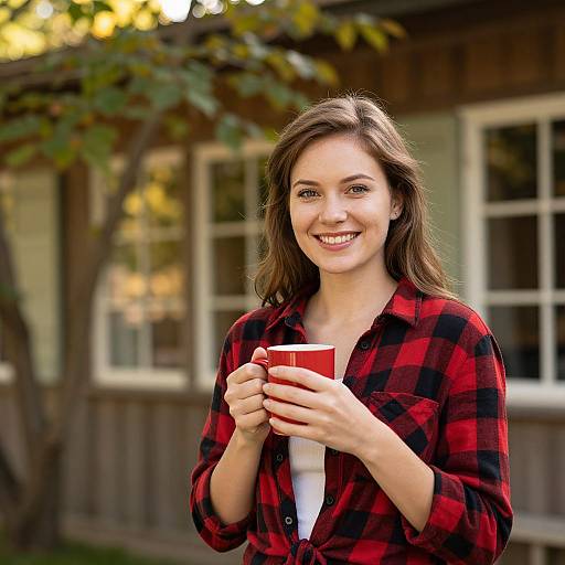 Photograph of a smiling young woman with long brown hair, wearing a red and black plaid shirt, holding a red cup, standing outdoors in front