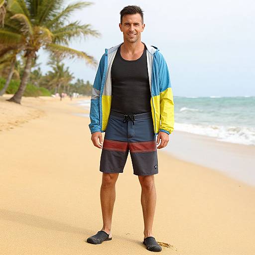 Photograph of a muscular man with short dark hair, wearing a blue and yellow jacket, black tank top, and black shorts, standing on a sunny