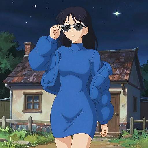 Stylish Woman by Cottage Under Stars