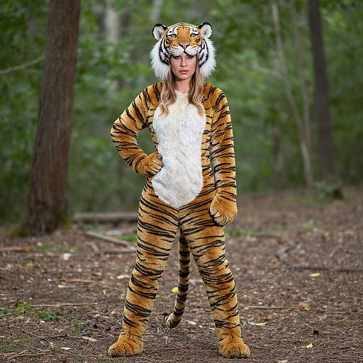 Photograph of a person with long blonde hair, wearing a full tiger costume with realistic stripes and white fur on the chest, standing confidently in a forest