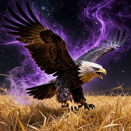Digital artwork of a fierce bald eagle with spread wings, surrounded by purple lightning, standing in a golden grass field against a starry night sky.