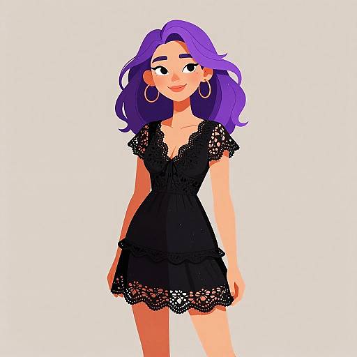 Digital illustration of a smiling woman with purple hair, wearing a black lace dress, large hoop earrings, and standing against a white background.