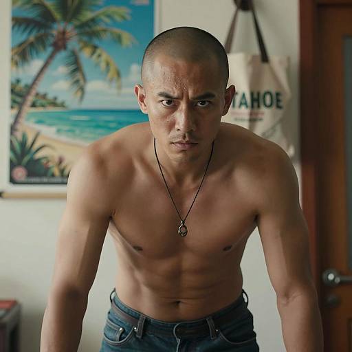 Intense Muscular Man in Tropical Setting