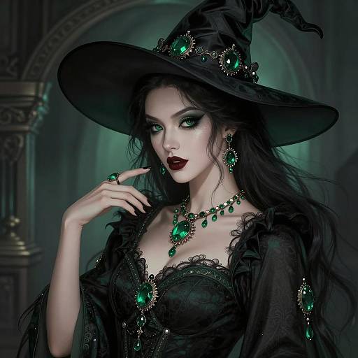 Enchanting Witch with Emerald Jewelry