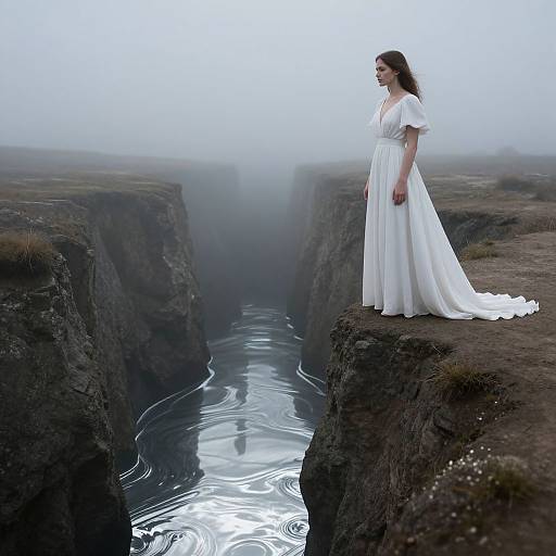 Photograph of a woman in a white, flowing dress standing on a cliff, gazing into a misty chasm with a reflective river below.