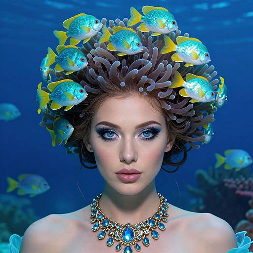 Photorealistic digital art of a fair-skinned woman with blue eyes, wearing a crown of colorful fish and a blue gemstone necklace, underwater.