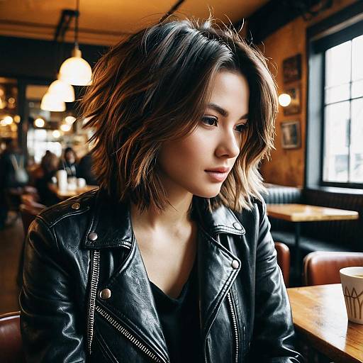 Woman with Shaggy Cut Hairstyle in Leather Jacket at Café