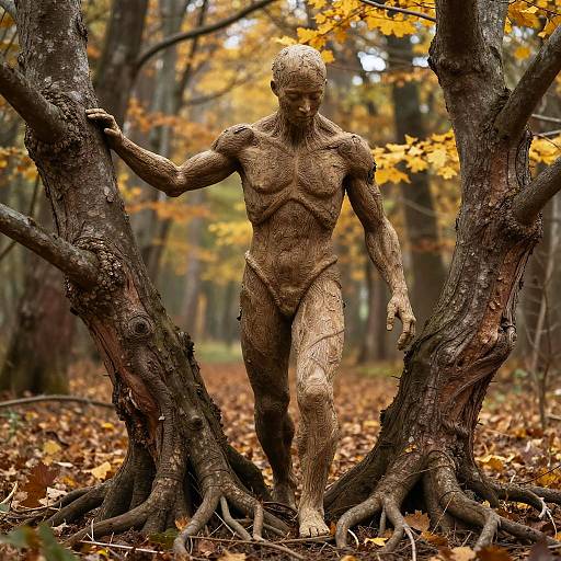 Photograph of a detailed, tree-like stone sculpture of a muscular, nude male figure with defined muscles, standing between two trees in an autumn forest with