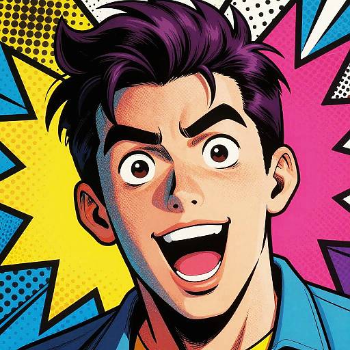 Colorful pop art style drawing of a smiling young man with dark hair, wide eyes, and open mouth, set against a vibrant yellow, pink,