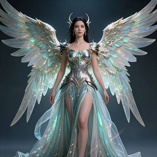 Digital art of an angelic woman with silver armor, glowing blue wings, and a flowing, translucent dress, standing against a dark background. Her expression