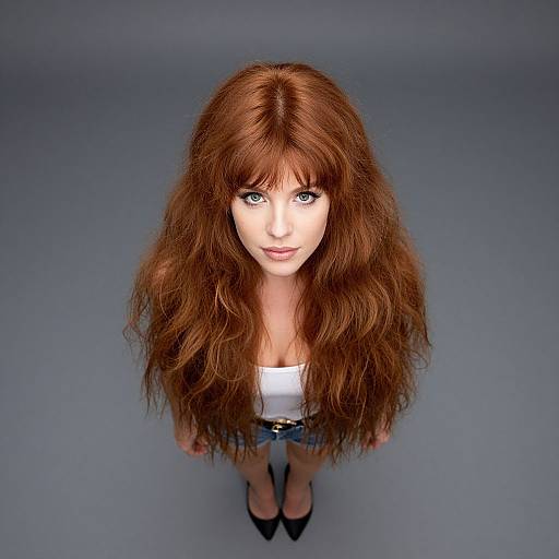 Photorealistic CGI of a young woman with long, wavy auburn hair, blue eyes, white tank top, blue skirt, and black