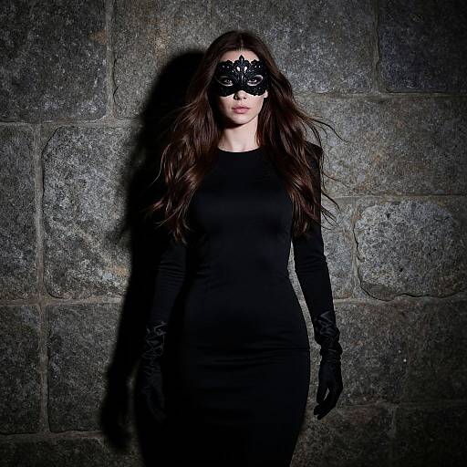 Photograph of a mysterious woman with long brown hair, black lace mask, black dress, and gloves, standing against a dark stone wall.