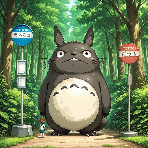 Girl and Totoro at Bus Stop