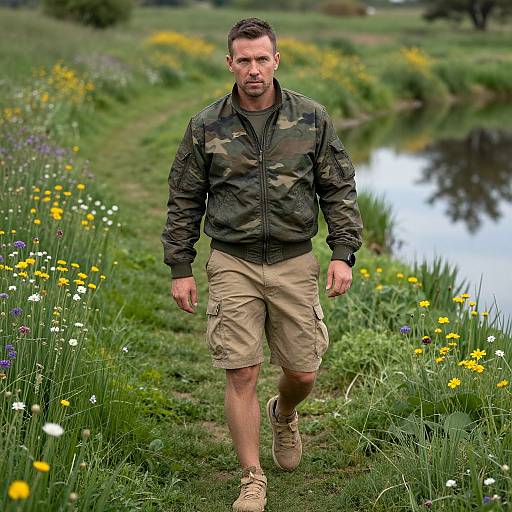 Photograph of a muscular, short-haired man in camouflage jacket, beige cargo shorts, and tan shoes walking through a lush, flower-filled meadow beside