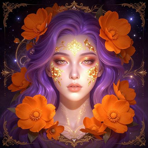 Digital art of a fair-skinned woman with long purple hair, golden ornate face markings, surrounded by vivid orange flowers, set against a starry