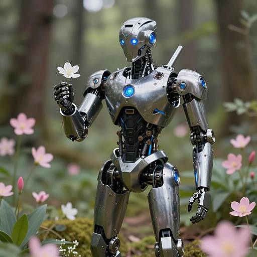 Metallic Robot in Lush Forest Setting