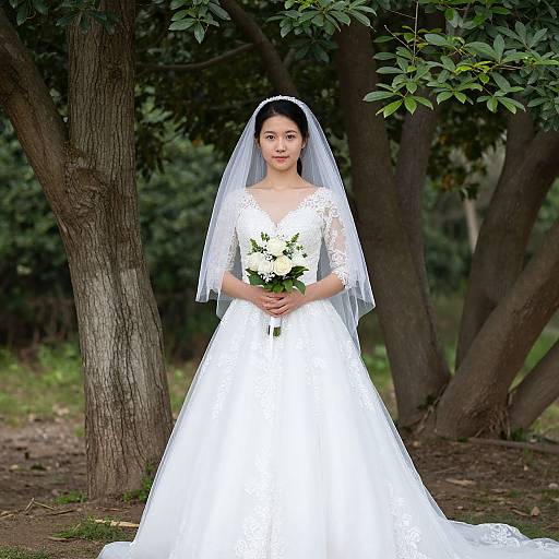 Asian bride in white lace wedding dress with long veil, holding bouquet, standing in lush forest with tall trees. Photograph.