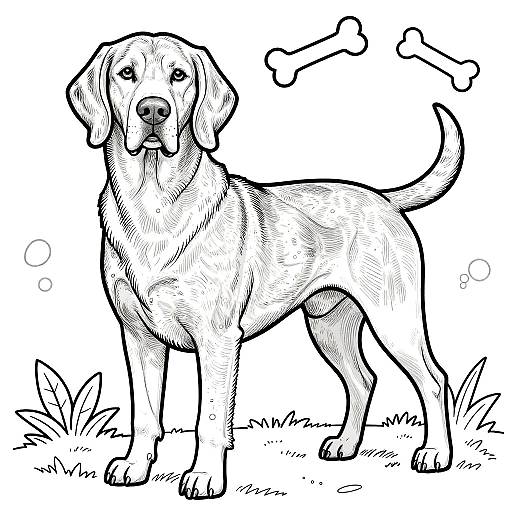 Black-and-white line drawing of a standing Labrador Retriever with a bone in the background, grass at its feet.