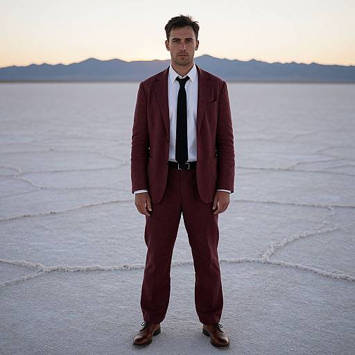Photograph of a serious, dark-haired man in a maroon suit, white shirt, black tie, standing on a vast, cracked salt flat at