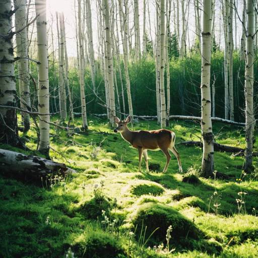 Deer Standing in Aspen Forest with Morning Sunlight