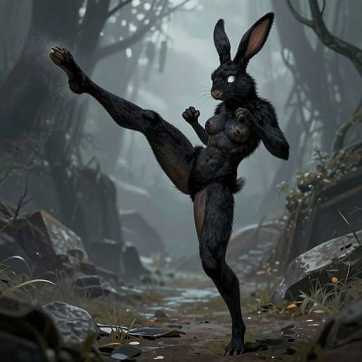 Black Fur Rabbit Humanoid in Kickfighter Pose
