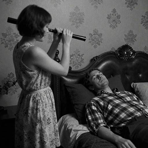 Black and White Photo of Woman Holding Bat Over Reclining Man