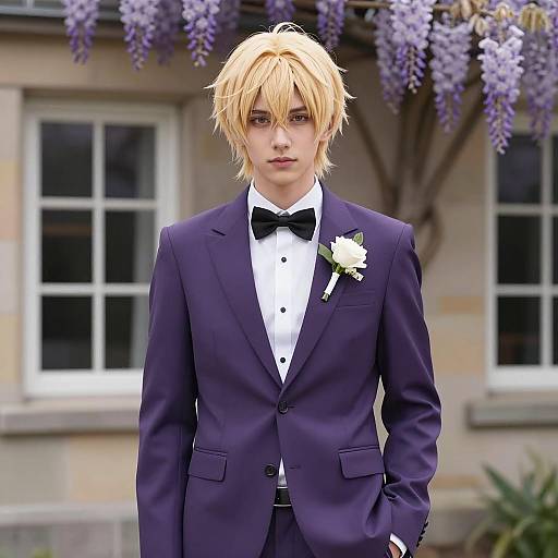 Young Man in Purple Suit with White Boutonniere