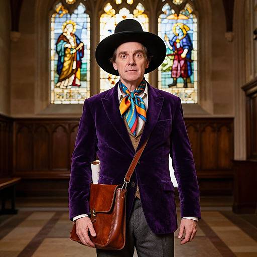 Photograph of a middle-aged man in a Victorian-style purple velvet jacket, black hat, colorful necktie, brown leather satchel, standing in