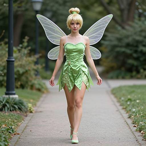 Photorealistic CGI of a blonde fairy with translucent wings, green dress, and heels, walking down a park path.